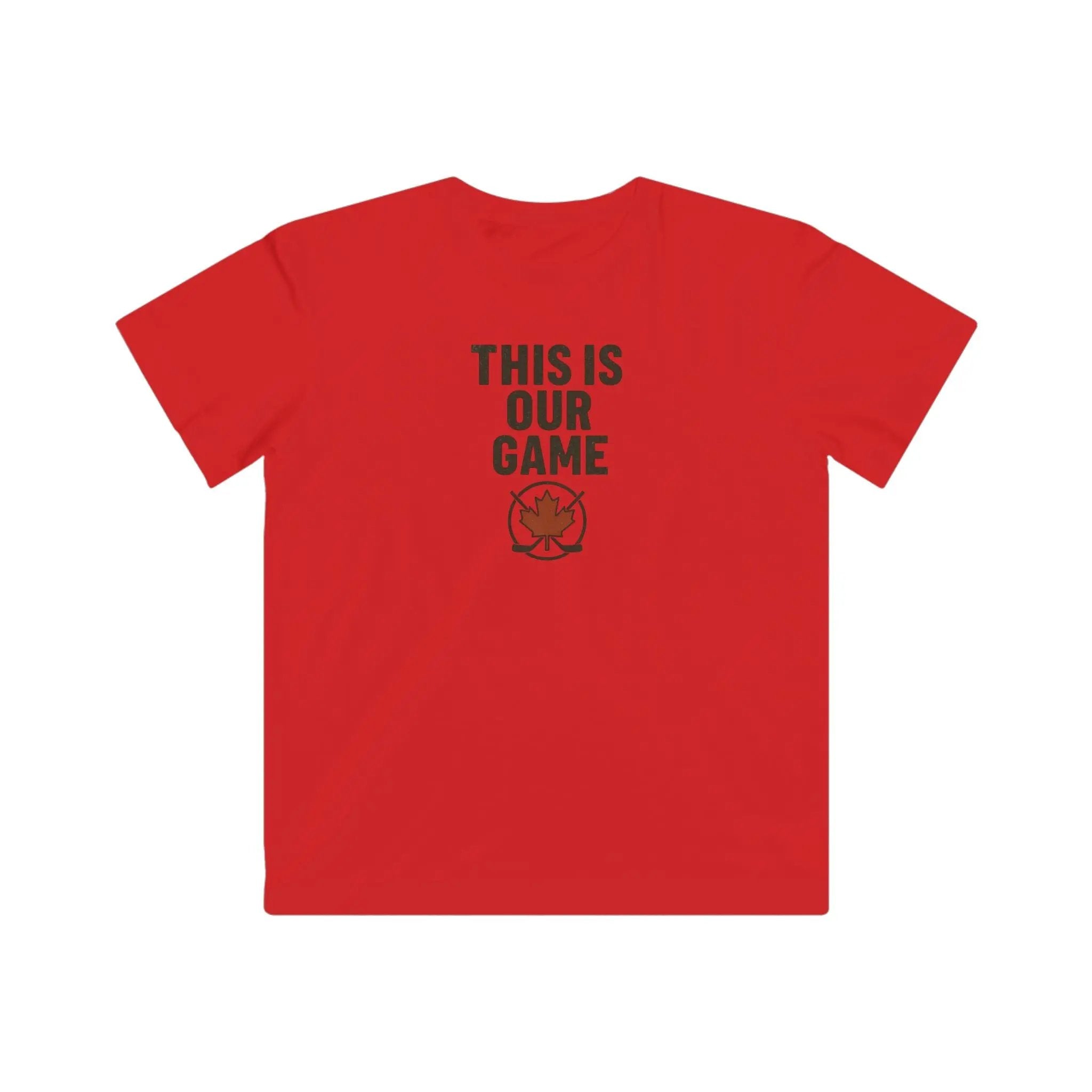 Red youth T-shirt with 'This Is Our Game' and maple leaf graphic – Maple Stick Hockey product.