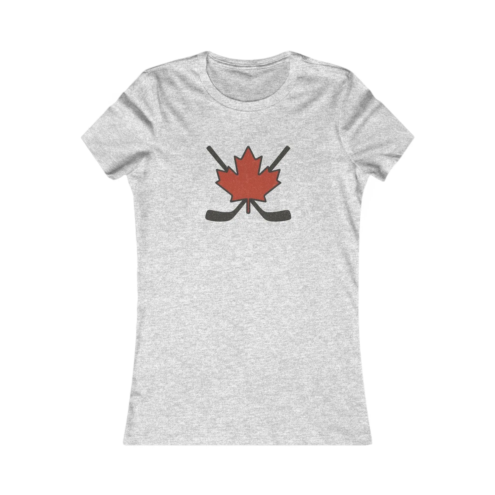 Heather grey women’s T-shirt with red maple leaf and crossed hockey sticks design on front