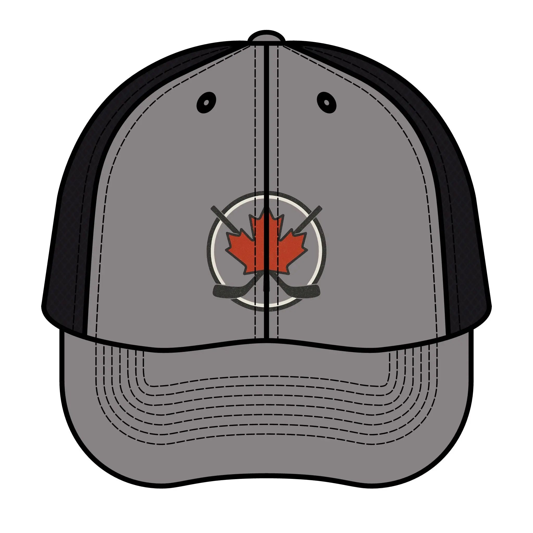 Maple Stick Hockey Hat Canadian Maple Leaf Cap with Crossed Hockey Sticks - Premium Snapback Trucker Hat - Canada Pride Baseball Cap Printify