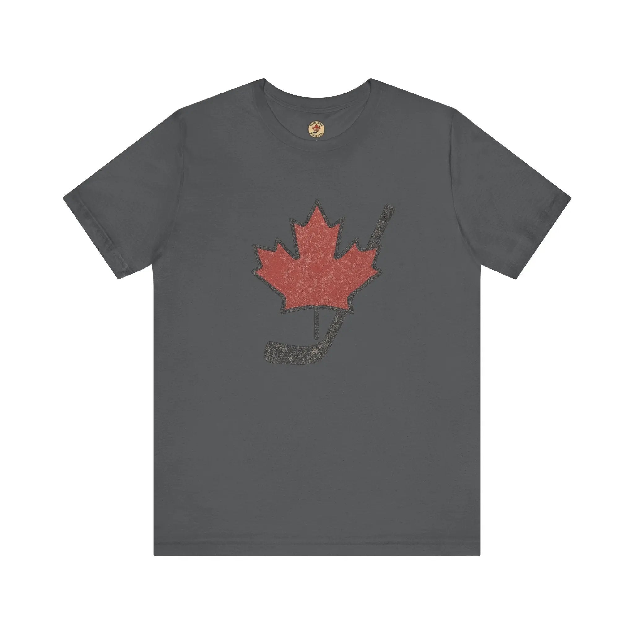 Gray T-shirt with red maple leaf and hockey stick design on front