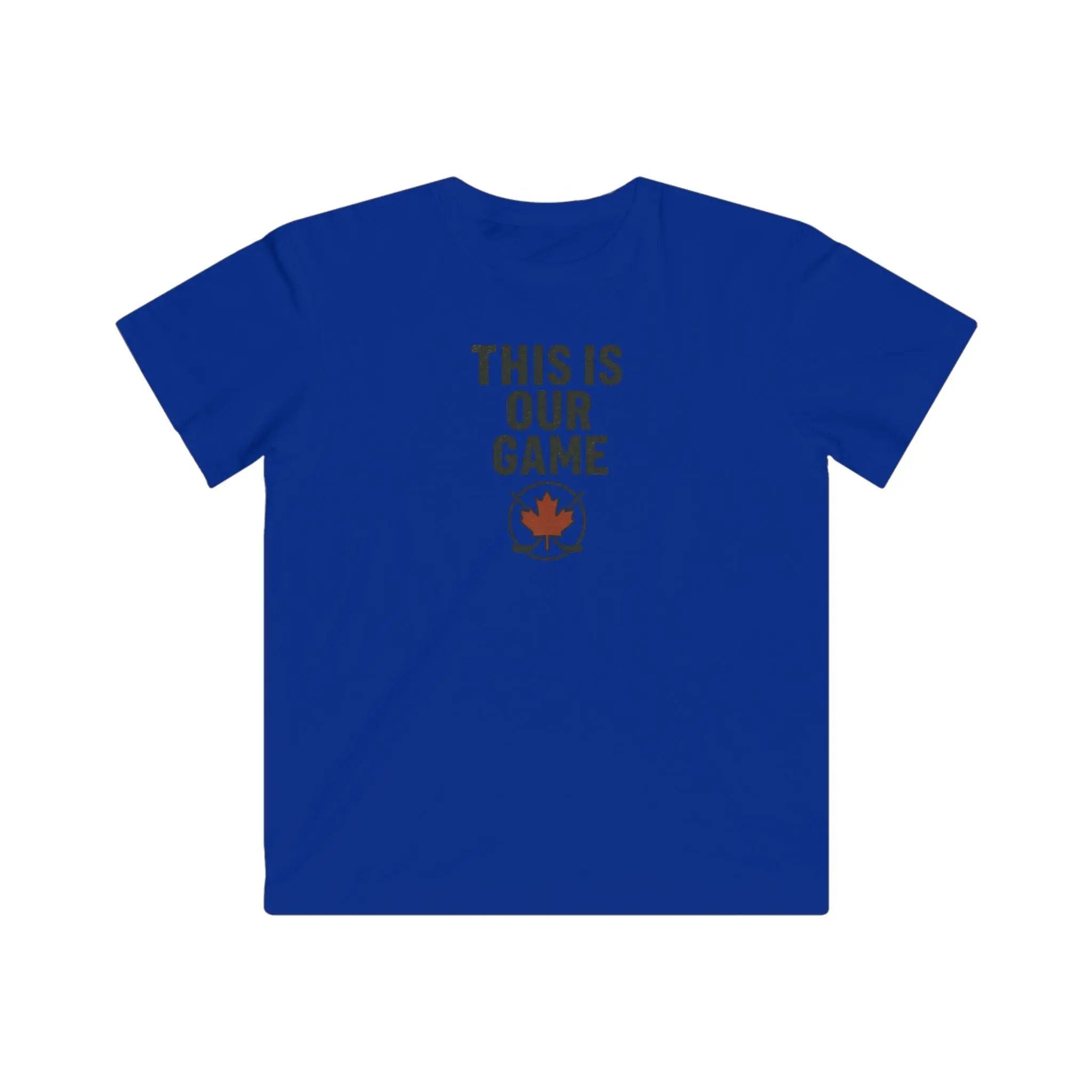 Blue youth T-shirt with 'This Is Our Game' and maple leaf graphic – Maple Stick Hockey product.