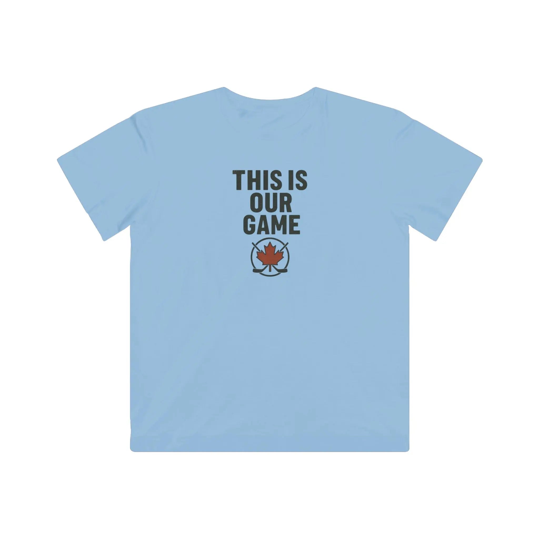 Light blue youth T-shirt with 'This Is Our Game' and maple leaf graphic – Maple Stick Hockey product.