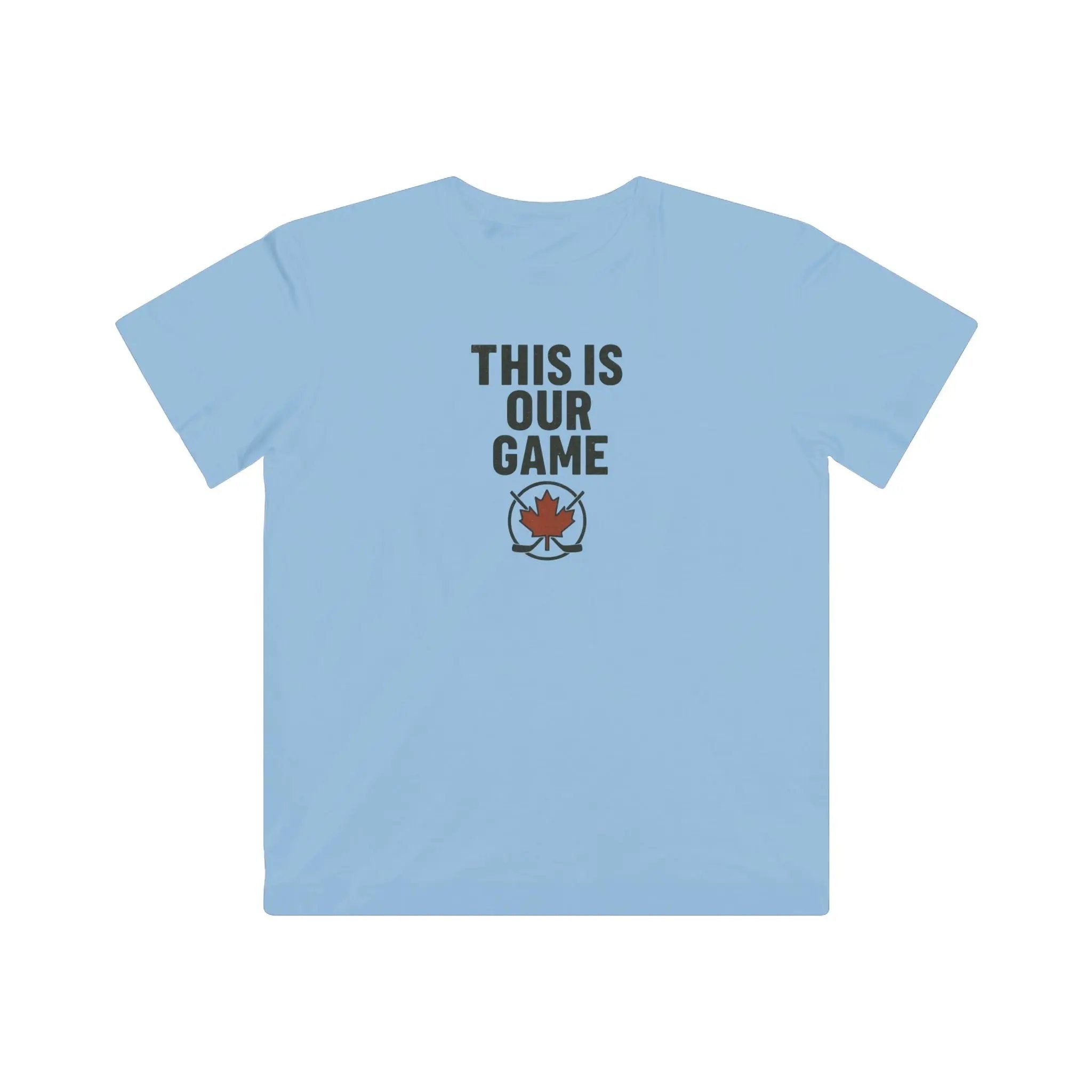 Light blue youth T-shirt with 'This Is Our Game' and maple leaf graphic – Maple Stick Hockey product.