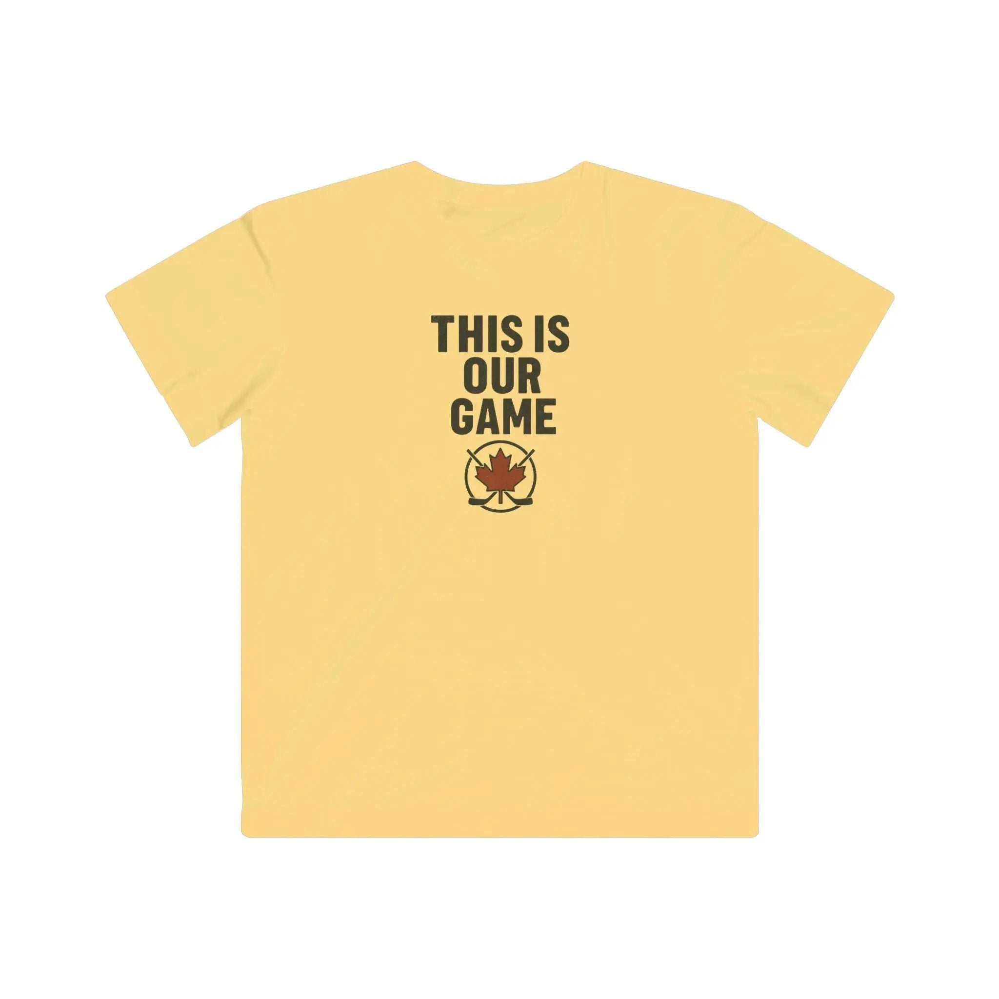 Yellow youth T-shirt with 'This Is Our Game' and maple leaf graphic – Maple Stick Hockey product.