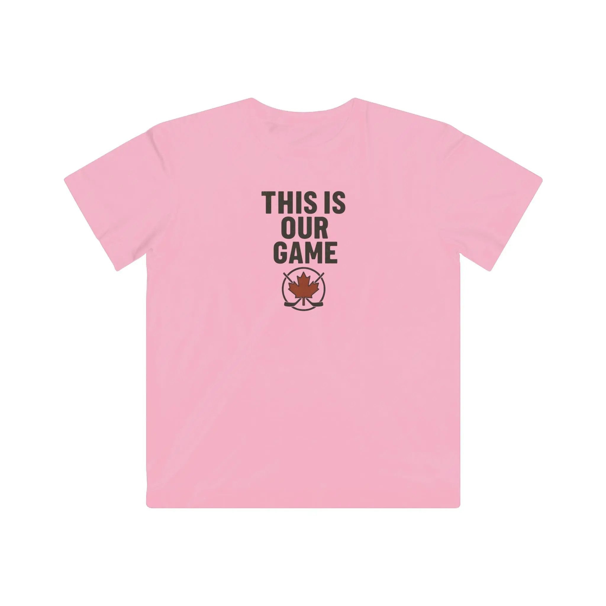 Pink youth T-shirt with 'This Is Our Game' and maple leaf graphic – Maple Stick Hockey product.