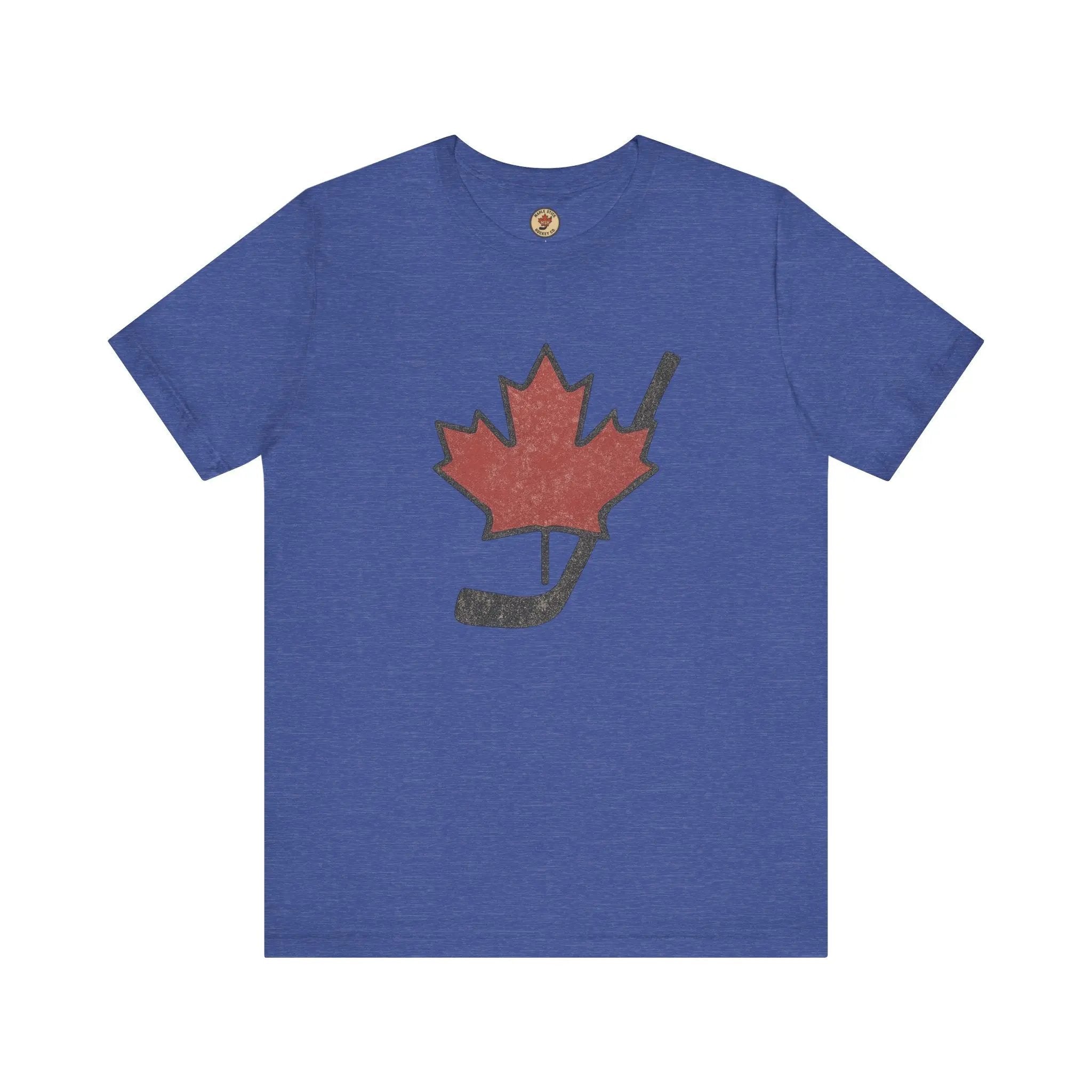 Blue T-shirt with maple leaf and hockey stick graphic on front on white background