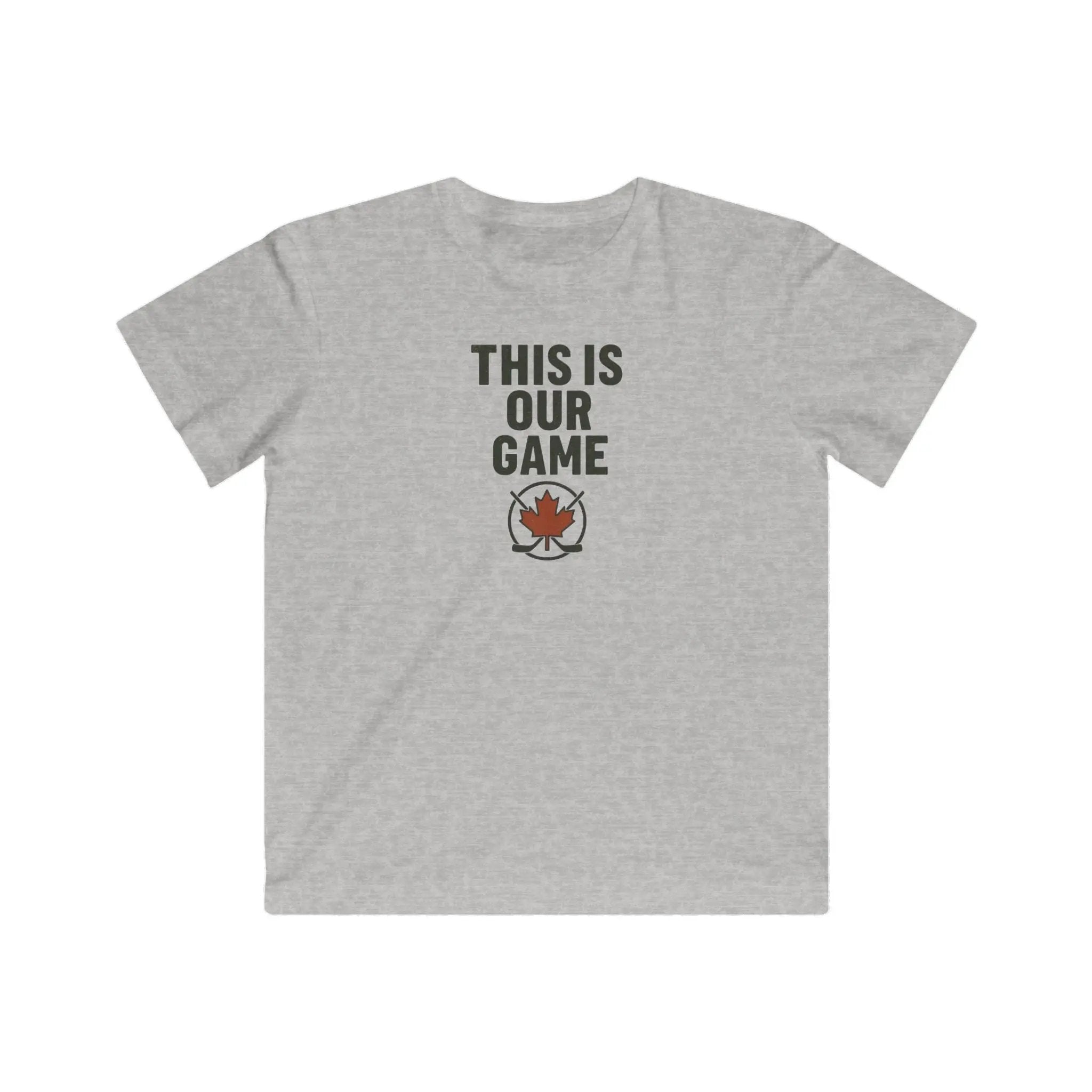 Grey youth T-shirt with 'This Is Our Game' and maple leaf graphic – Maple Stick Hockey product.