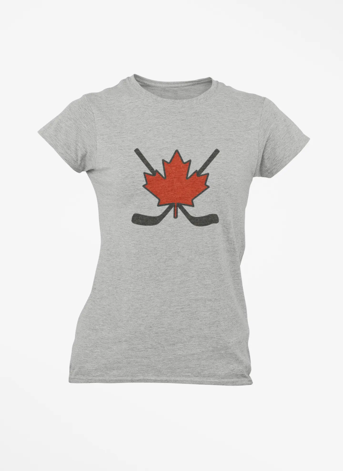 Gray women’s T-shirt with red maple leaf and crossed hockey sticks design on front