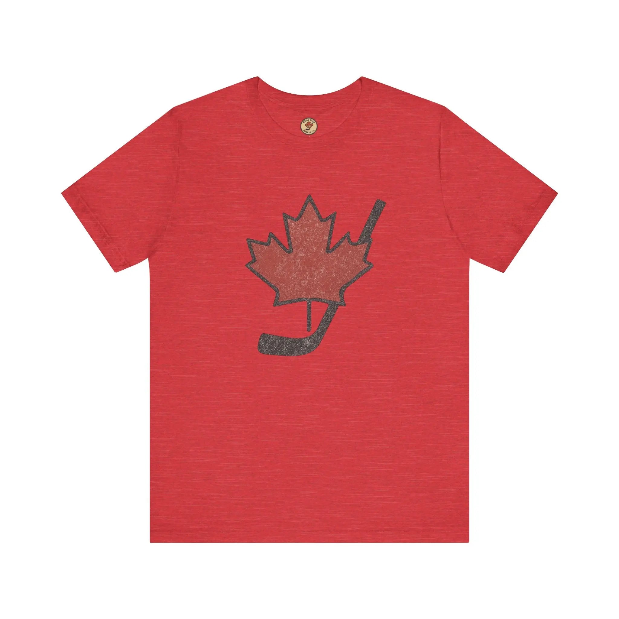 Red T-shirt with maple leaf and hockey stick graphic on front on white background
