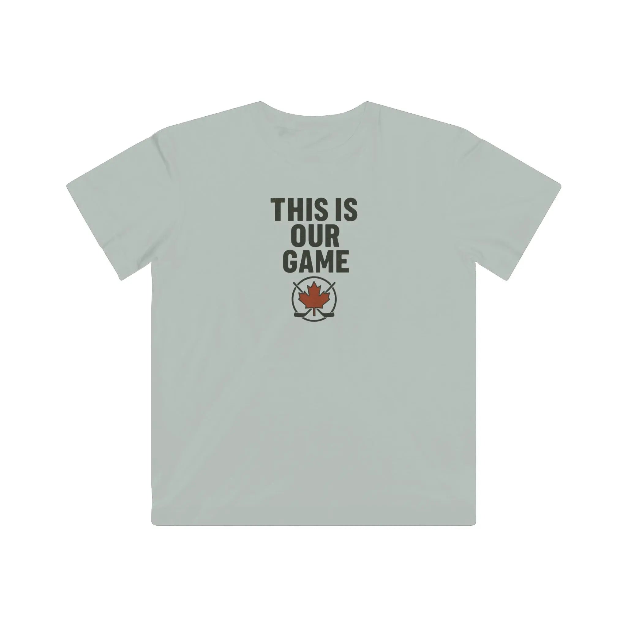 Light gray youth T-shirt with 'This Is Our Game' text and maple leaf graphic on a white background.