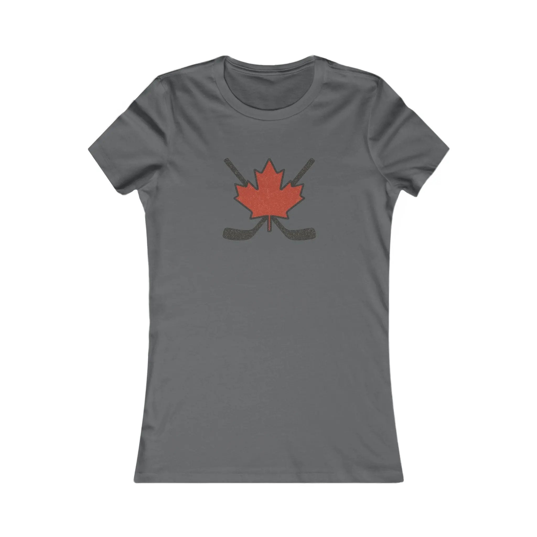 Gray women’s T-shirt with red maple leaf and crossed hockey sticks design on front