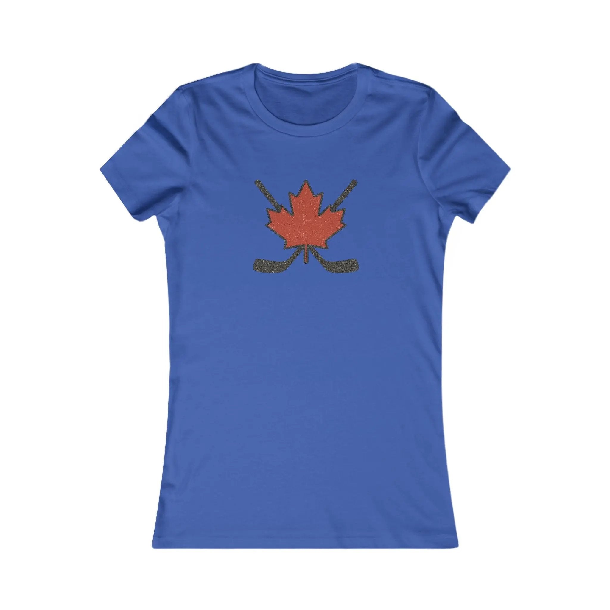 Blue women’s T-shirt with red maple leaf and crossed hockey sticks design on front