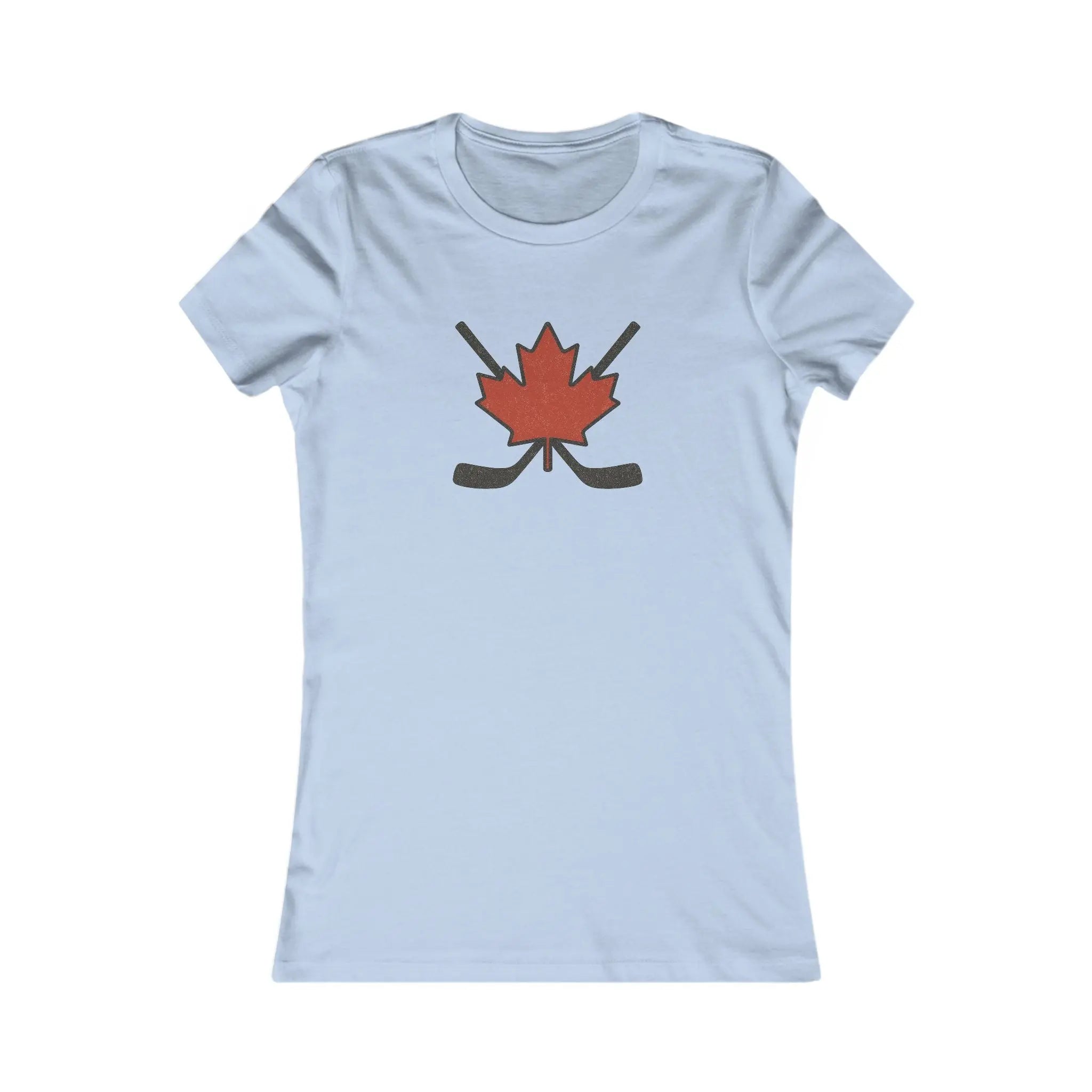Light blue women’s T-shirt with red maple leaf and crossed hockey sticks design on front