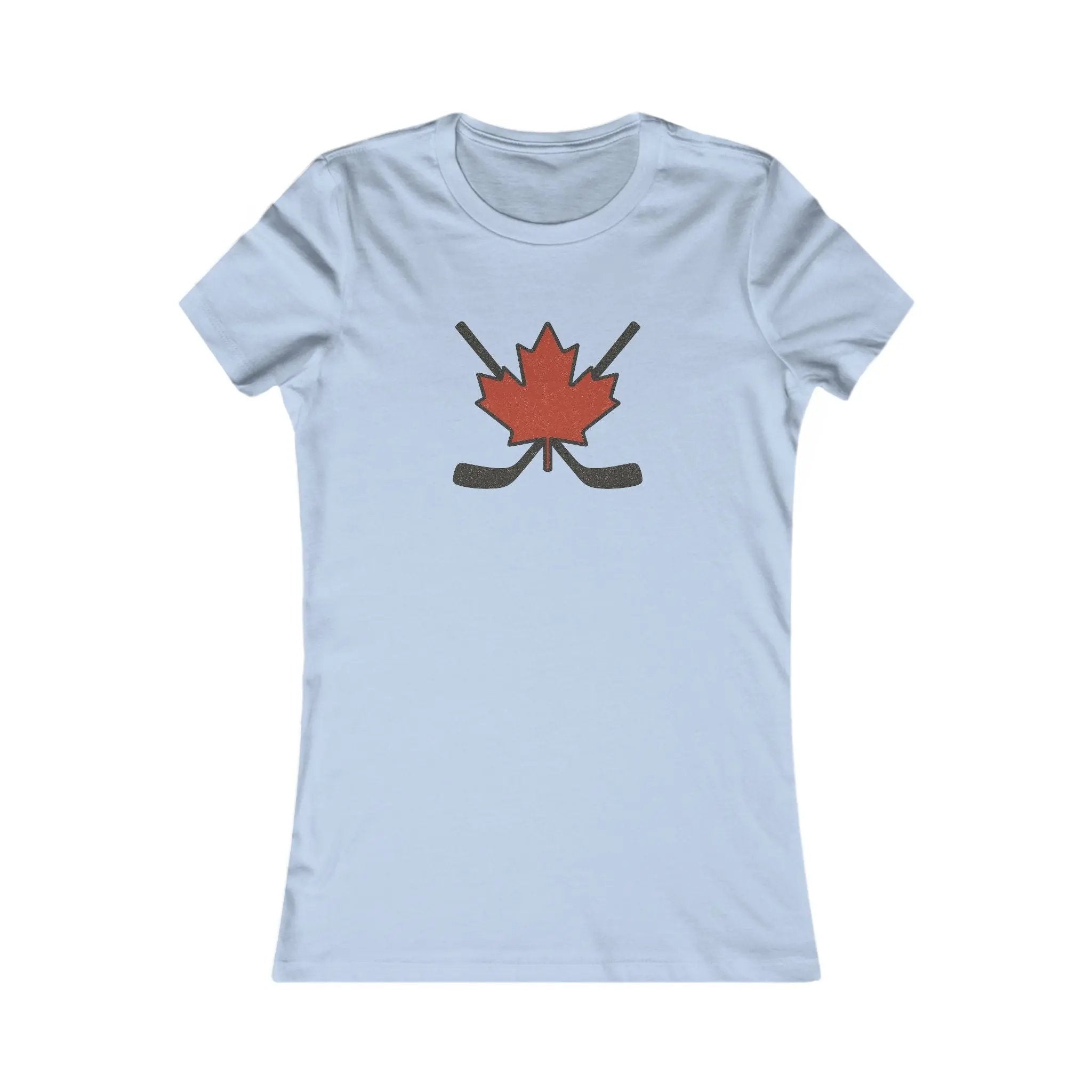 Light blue women’s T-shirt with red maple leaf and crossed hockey sticks design on front