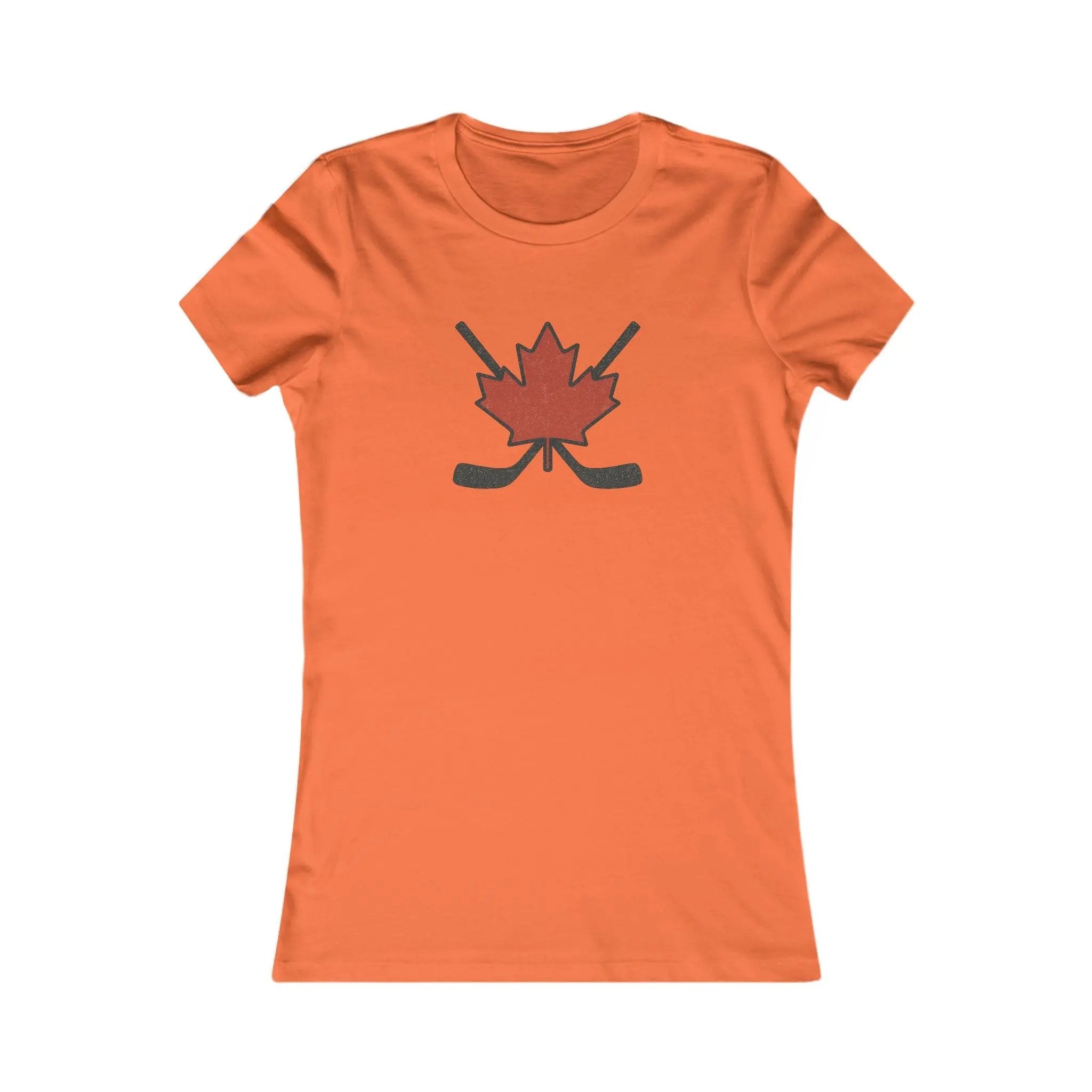 Orange women’s T-shirt with red maple leaf and crossed hockey sticks design on front