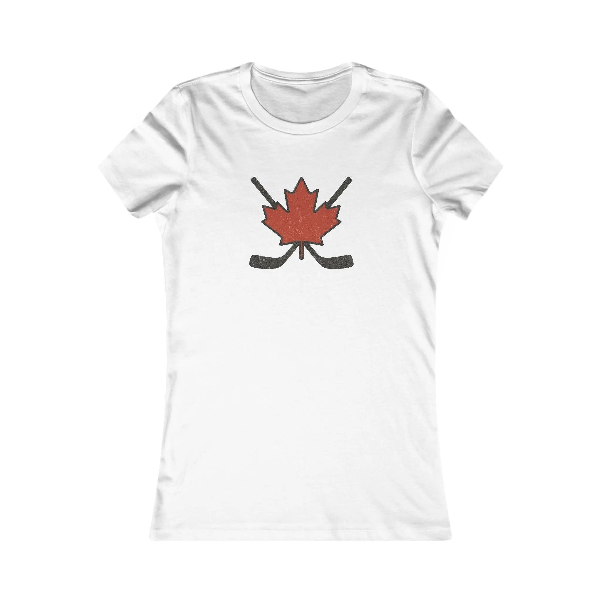 White women’s T-shirt with red maple leaf and crossed hockey sticks design on front