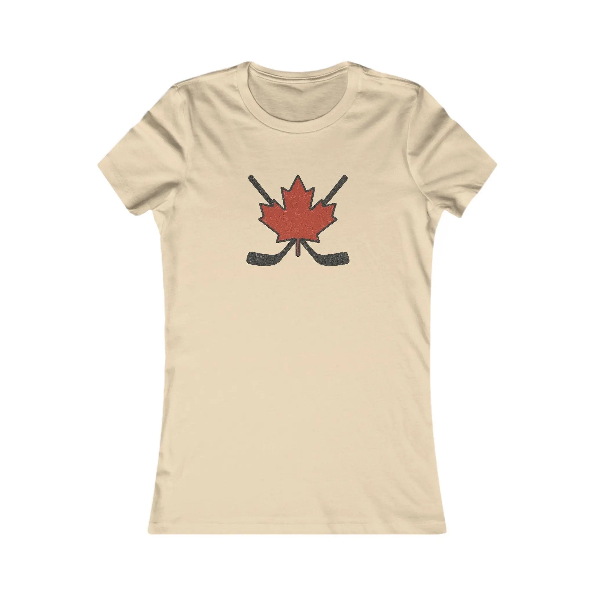 Beige women’s T-shirt with red maple leaf and crossed hockey sticks design on front