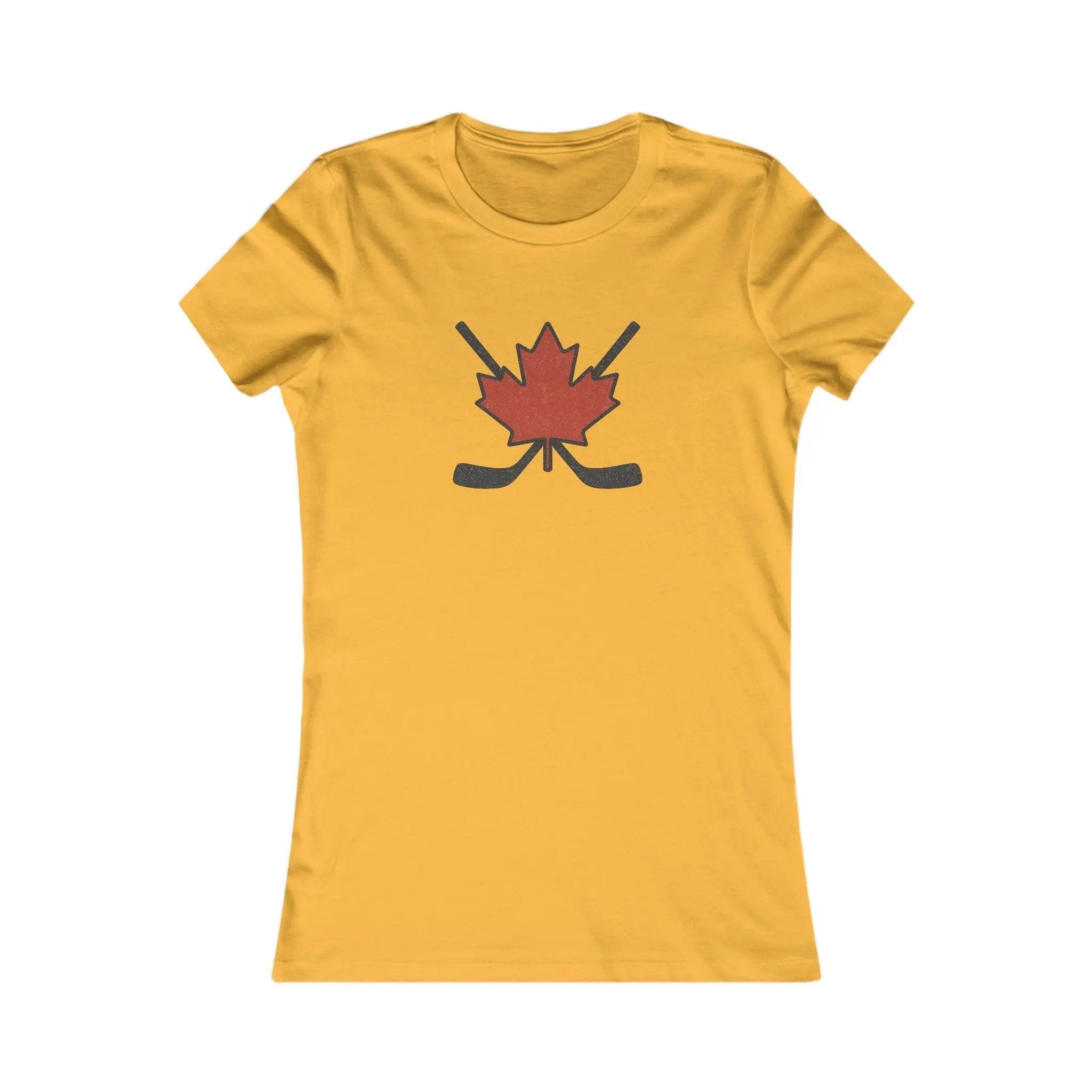 Yellow women’s T-shirt with red maple leaf and crossed hockey sticks design on front