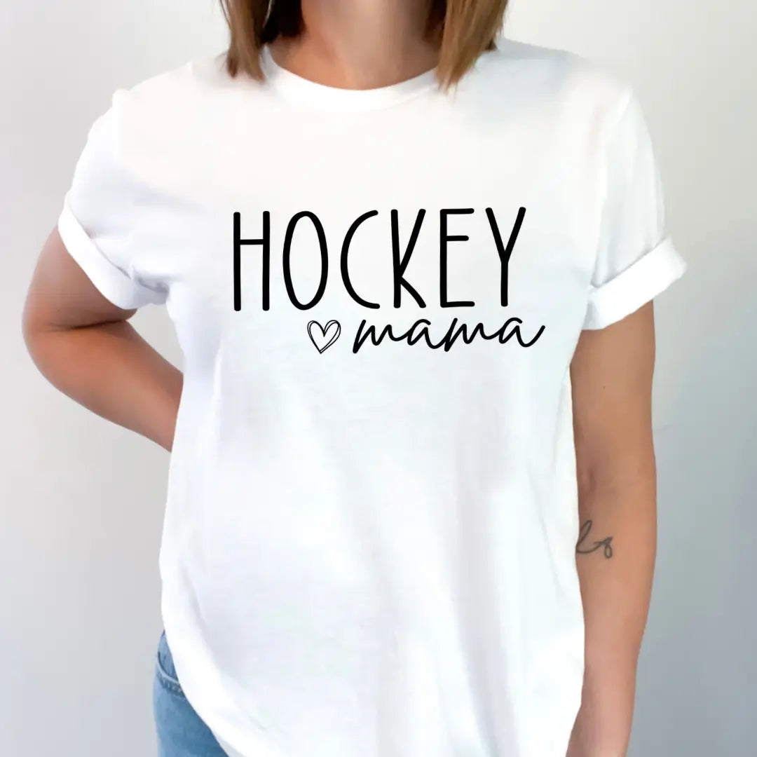Woman wearing white short-sleeve 'Hockey mama' t-shirt with black lettering – Maple Stick Hockey product