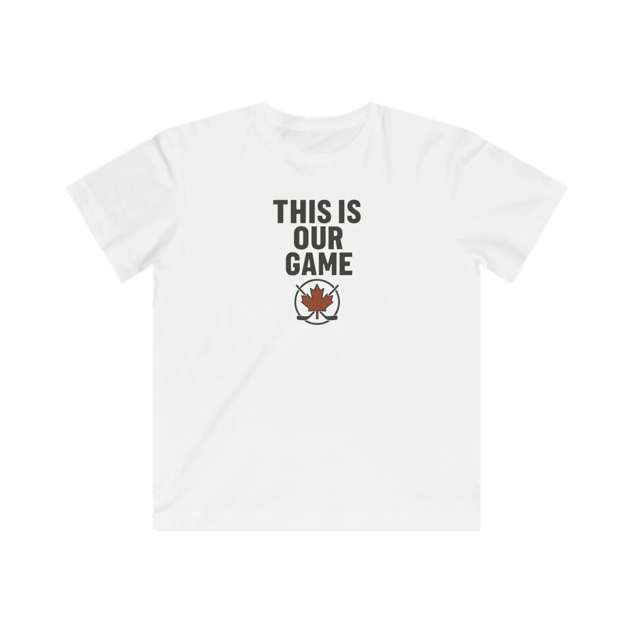 White youth T-shirt with 'This Is Our Game' and maple leaf graphic – Maple Stick Hockey product.