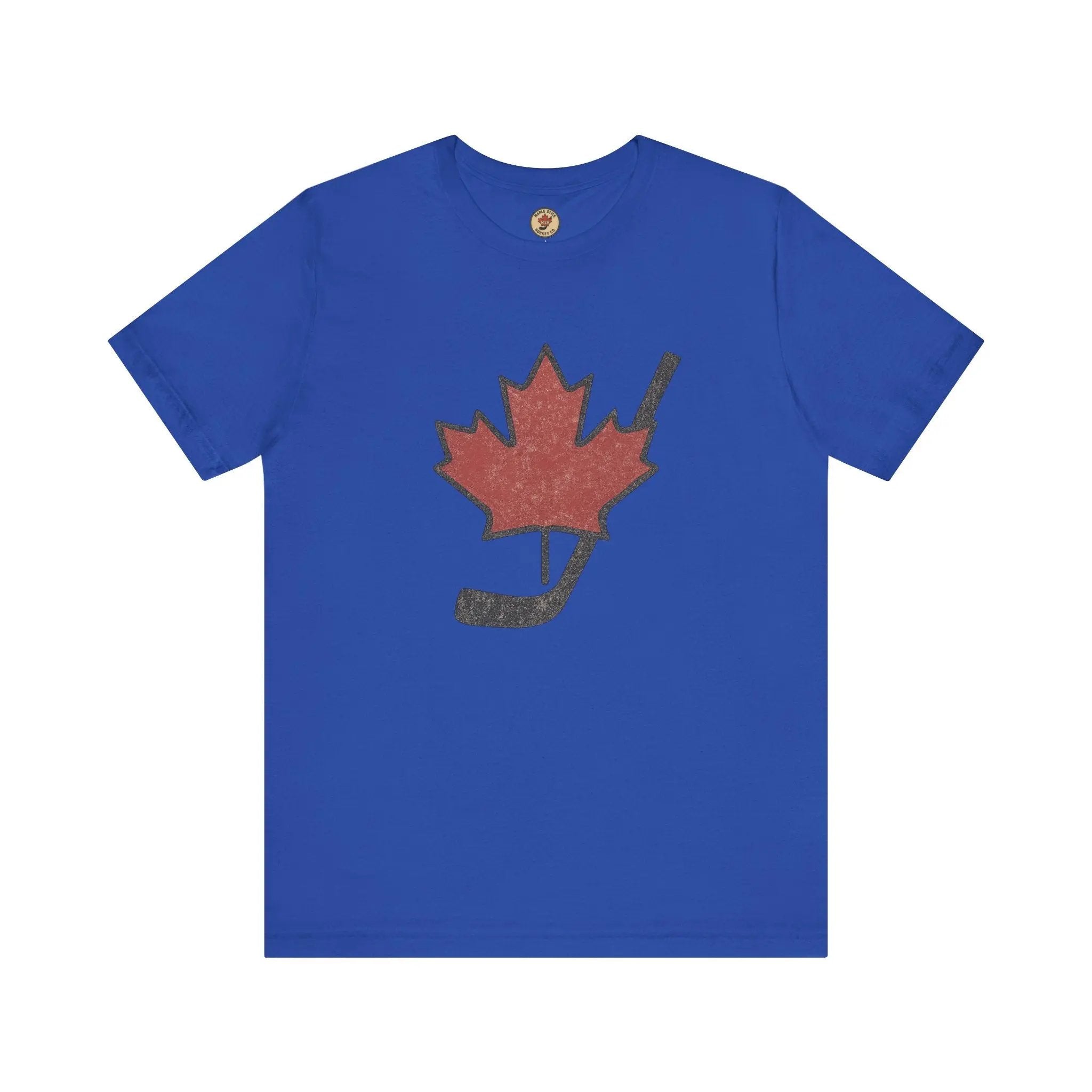 Blue T-shirt with maple leaf and hockey stick graphic on front on white background
