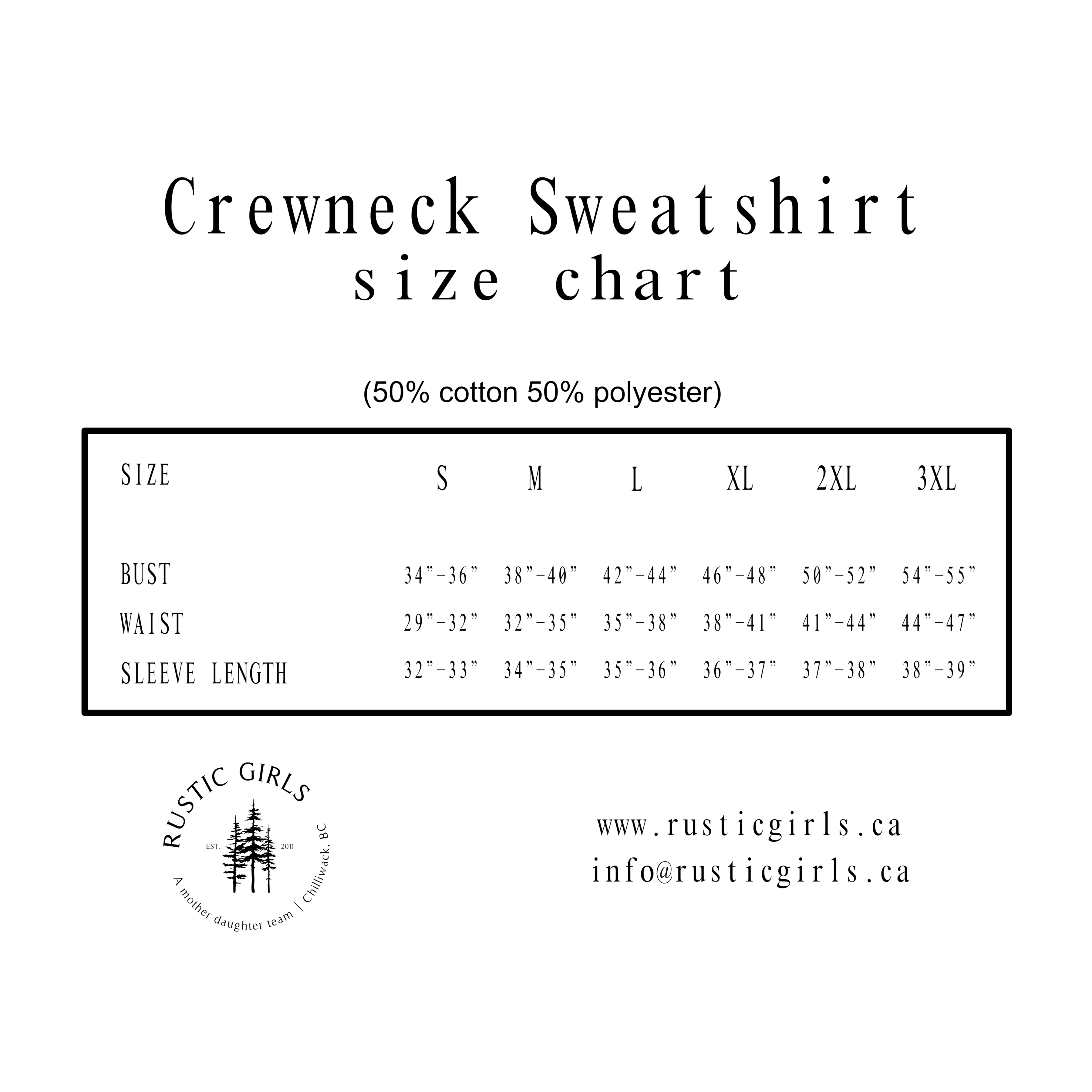 Size chart for Small Town Hockey Mom crewneck sweatshirt showing measurement guidelines with Rustic Girls logo – Maple Stick Hockey product