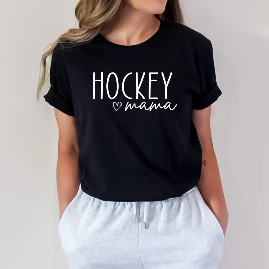 Woman wearing black 'Hockey mama' t-shirt with white script design – Maple Stick Hockey product