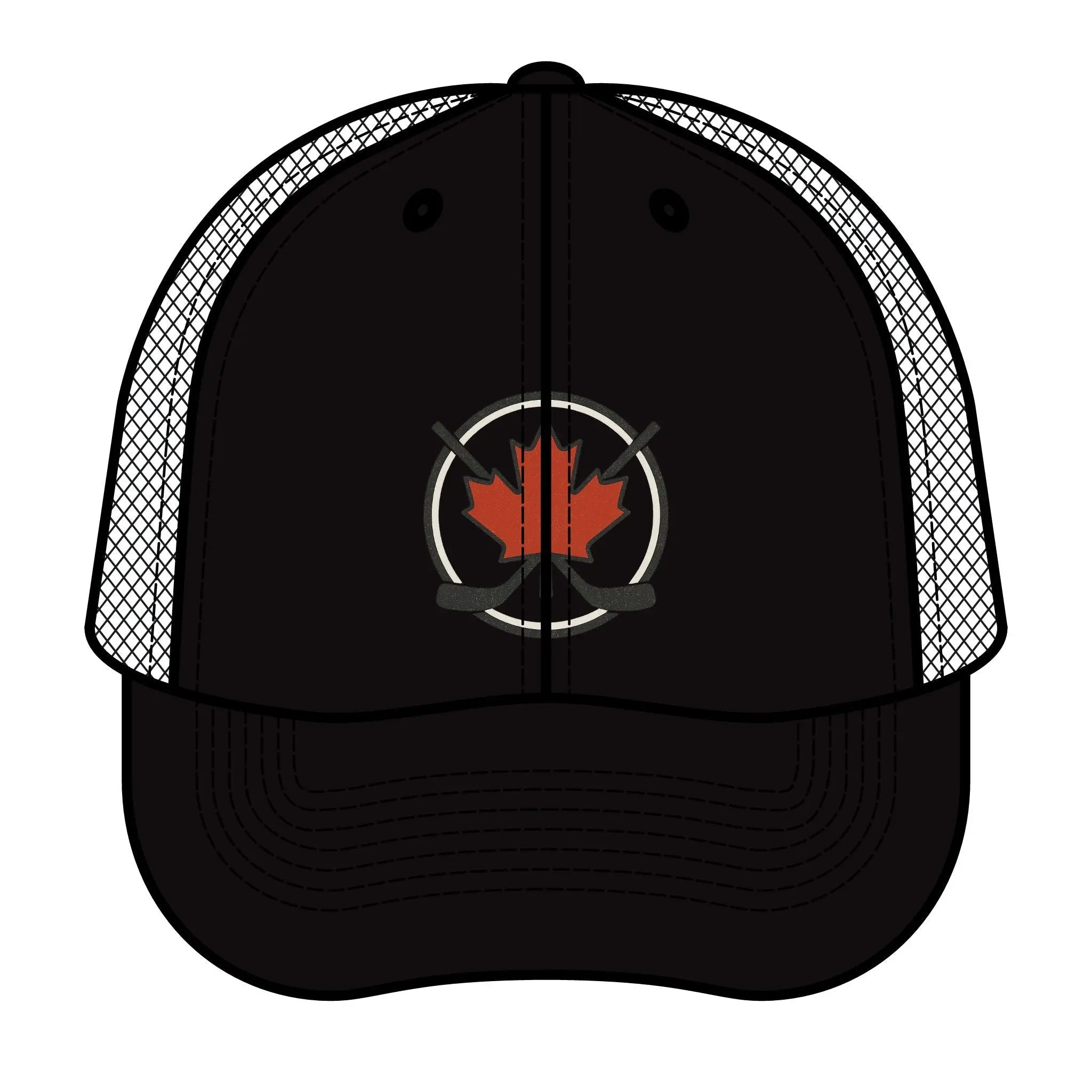 Maple Stick Hockey Hat Canadian Maple Leaf Cap with Crossed Hockey Sticks - Premium Snapback Trucker Hat - Canada Pride Baseball Cap Printify