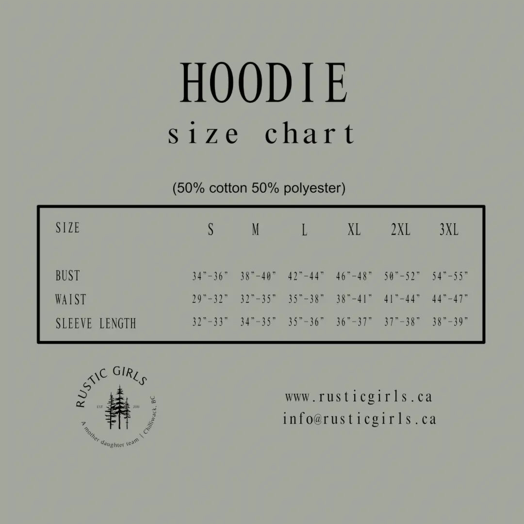 Hoodie size chart with measurements for Rustic Girls hoodie – Maple Stick Hockey product