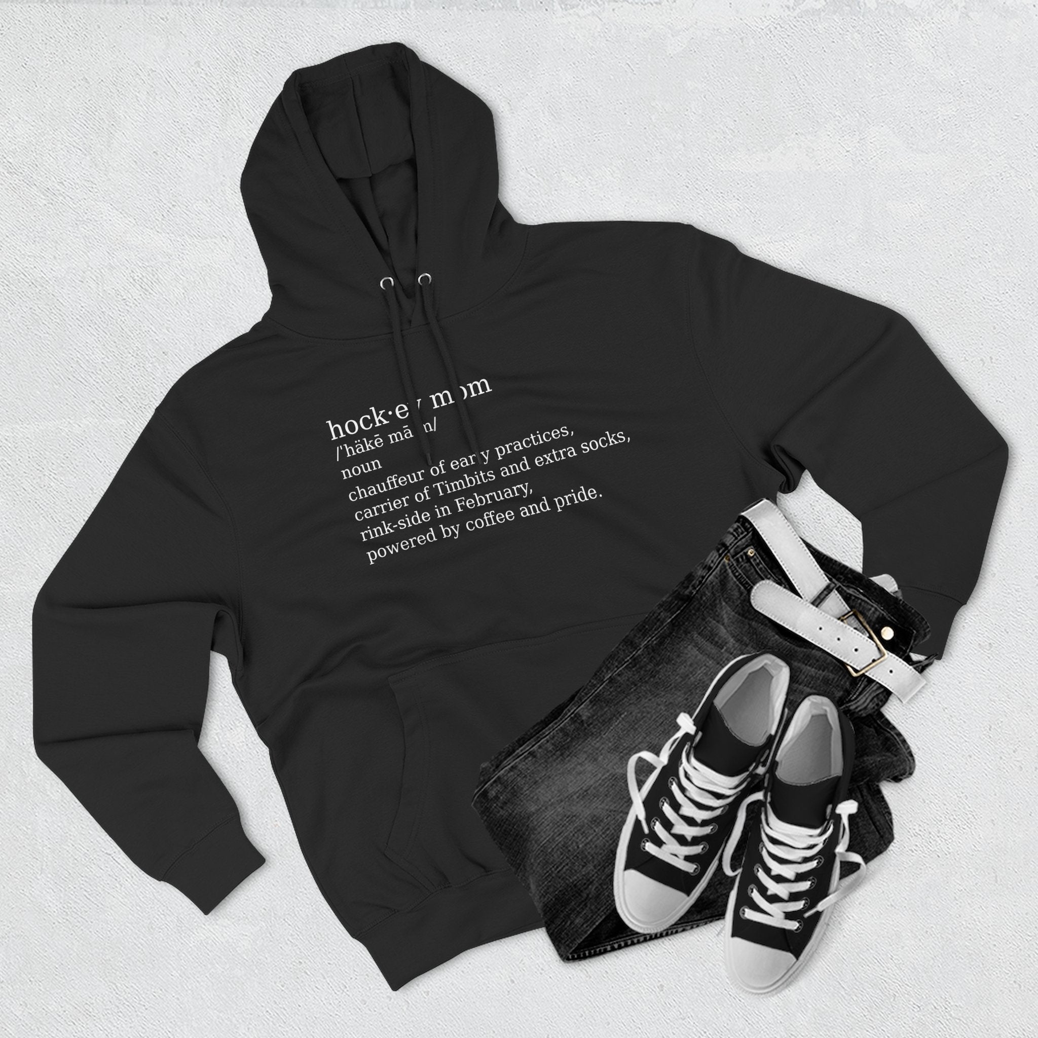 Funny Hockey Mom Definition Hoodie | Canadian Hockey Mom, Timbits, Rink Side, Powered by Coffee