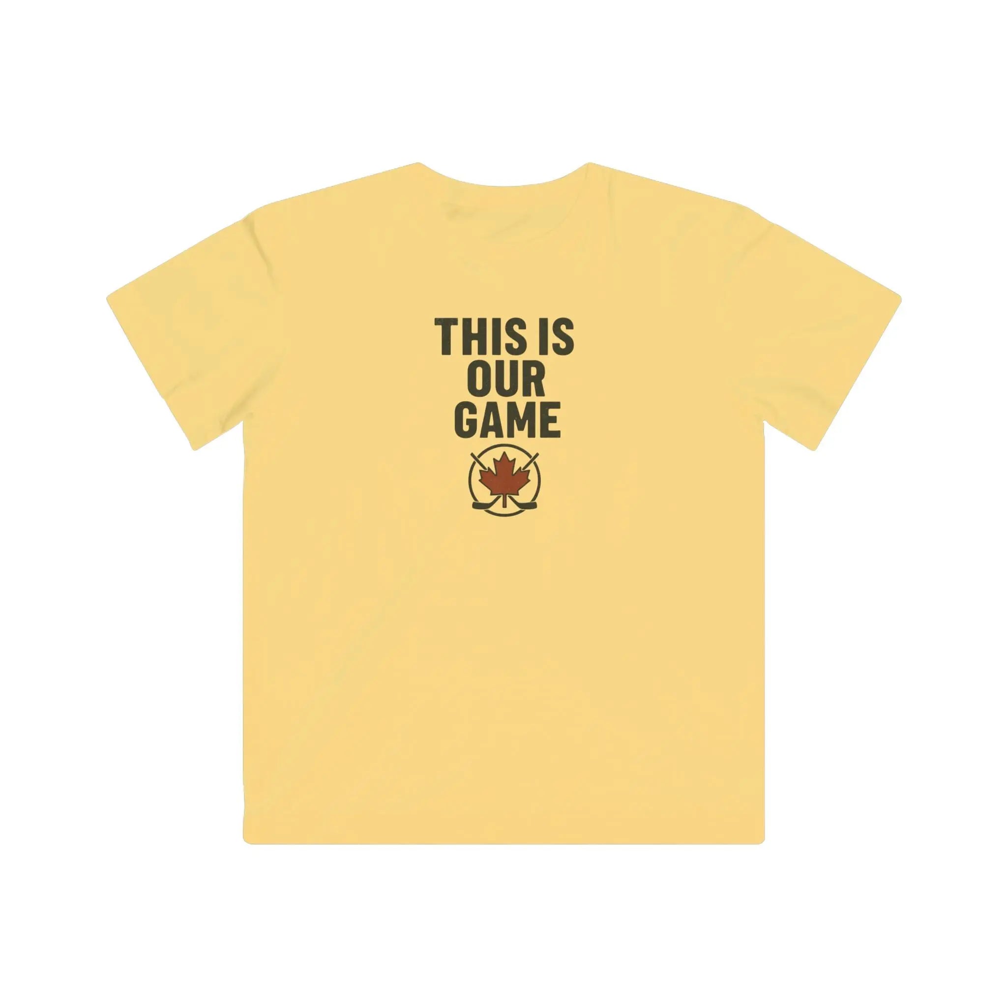 Yellow youth T-shirt with 'This Is Our Game' and maple leaf graphic – Maple Stick Hockey product.