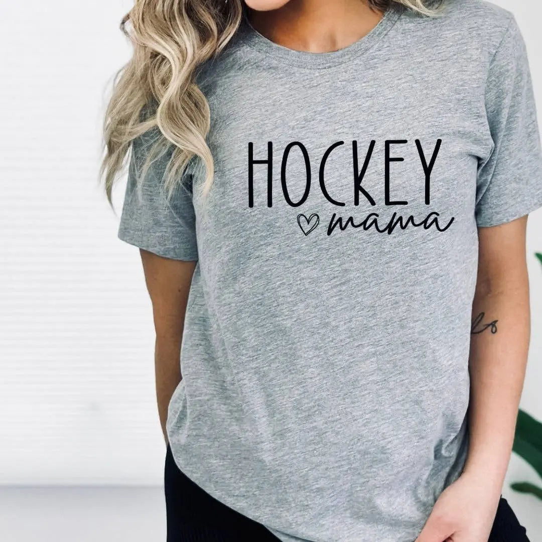 Woman wearing grey 'Hockey mama' t-shirt with black lettering – Maple Stick Hockey product