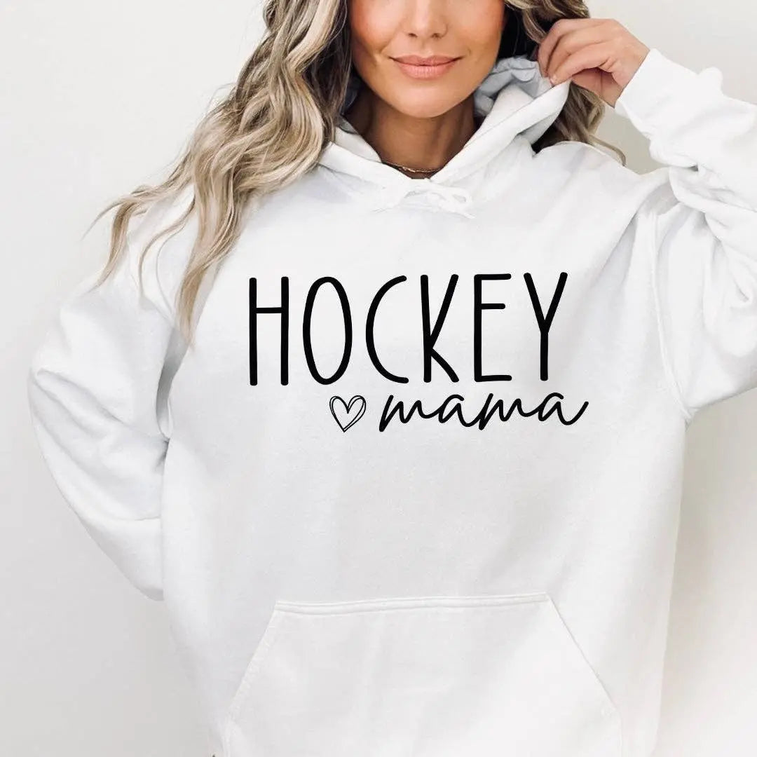 Woman wearing white 'Hockey mama' hoodie with black lettering – Maple Stick Hockey product