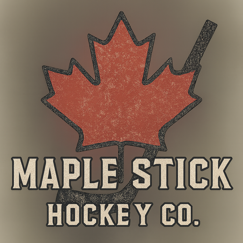Maple Stick Hockey Co. logo with red maple leaf and hockey stick on brown background.